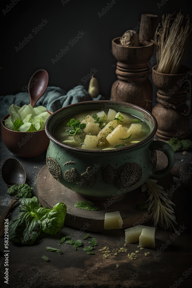 Potato and cabbage soup with croutons. Illustration AI Generative