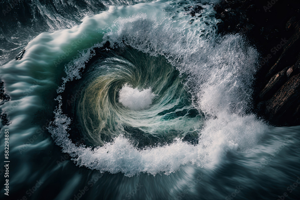 Waves of river and sea water meet each other. Illustration AI Generative