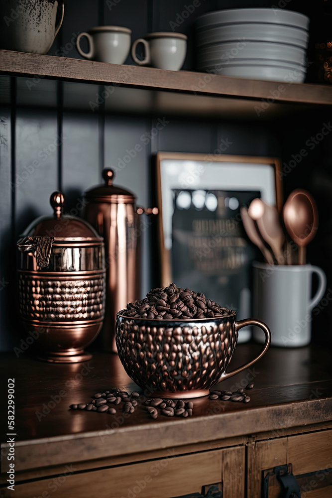 Coffee Beans in a copper mug on a shelf in a rustic kitchen. Illustration AI Generative