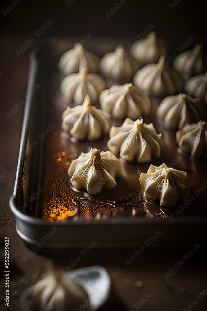 Home baked garlic cloves on a baking tray. Illustration AI Generative