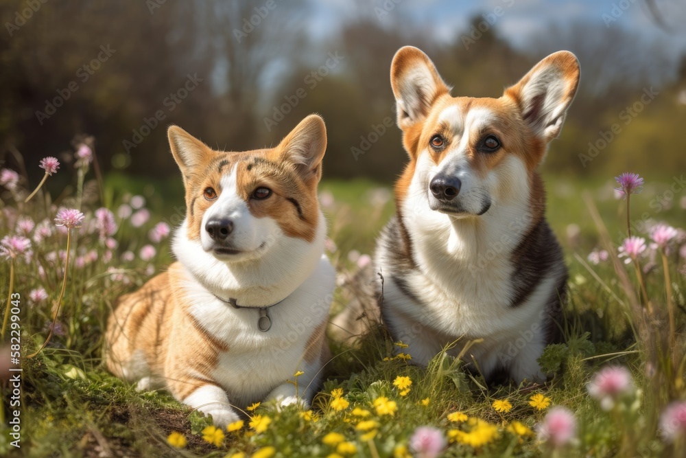 A corgi dog and a tabby cat, two adorable fluffy companions, are sitting together in a bright spring