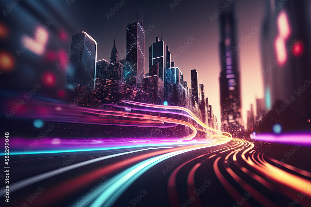 Abstract speed light flow through the city with gradient. Illustration AI Generative