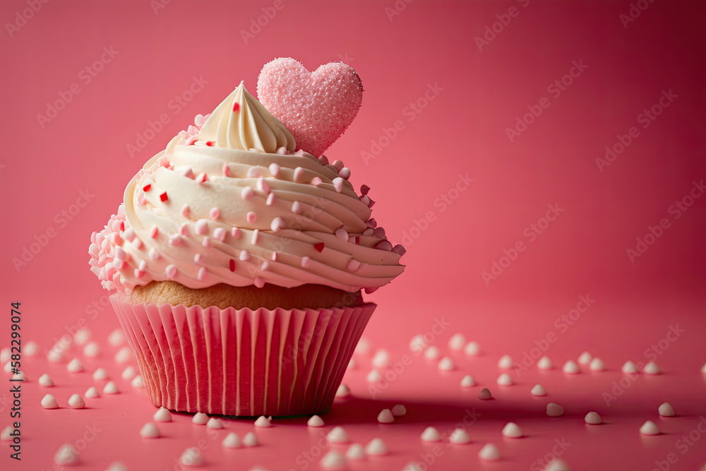 Valentines day pink background. Vanilla cupcake decorate. Illustration AI Generative