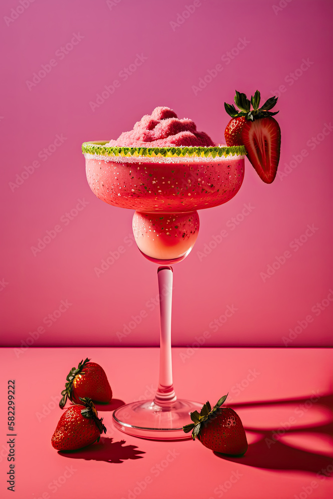 Strawberry margarita cocktail on a pink background. Illustration AI Generative