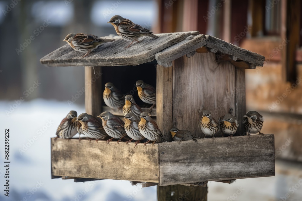 flock of small birds sparrows flew to a wooden feeder house in the park. Generative AI