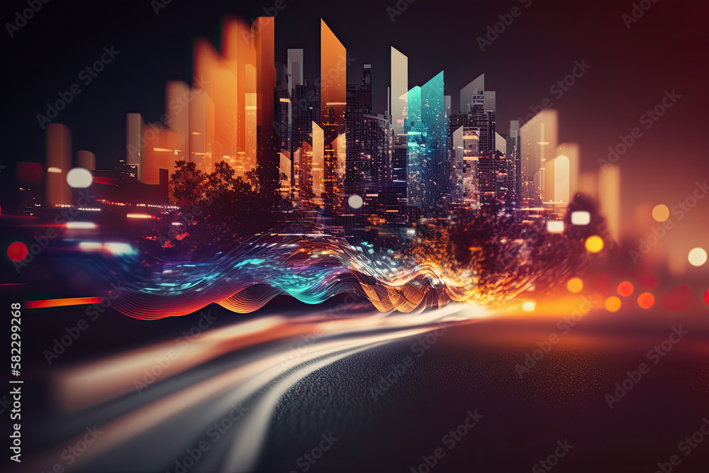 Abstract speed light flow through the city with gradient. Illustration AI Generative