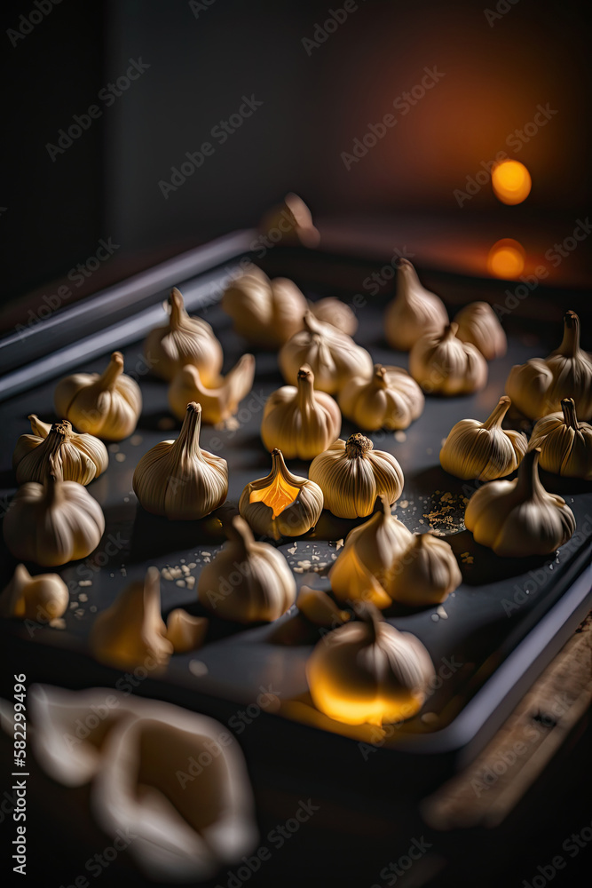 Home baked garlic cloves on a baking tray. Illustration AI Generative