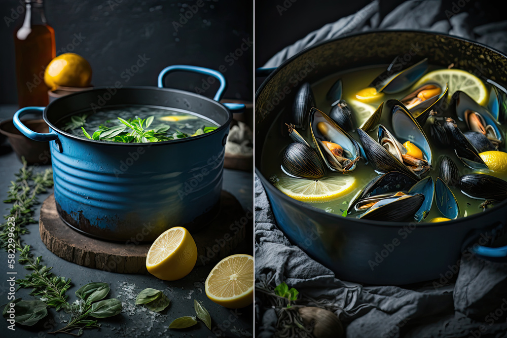 mussels in white wine and lemon juice in a blue cast-iron. Illustration AI Generative