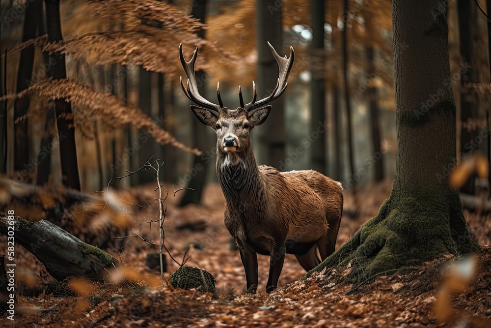 On a hill in a forest of trees in the autumn, a deer with branching horns stands. Generative AI