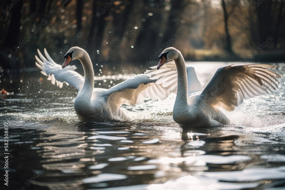 two swans flying in a lake in a portrait. Generative AI