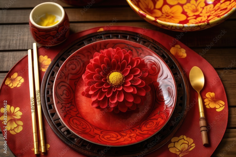 Conceptual image of a Chinese New Year dinner setting with a plate bearing a Chinese phrase for fort