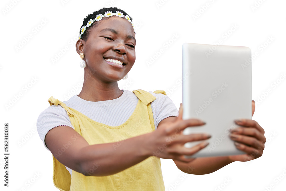 Black woman, selfie or tablet and smile, flower crown or hippie isolated on a transparent png backgr