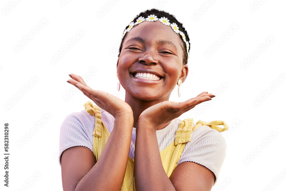 Black woman, flower crown and smile in portrait isolated on a transparent png background for natural