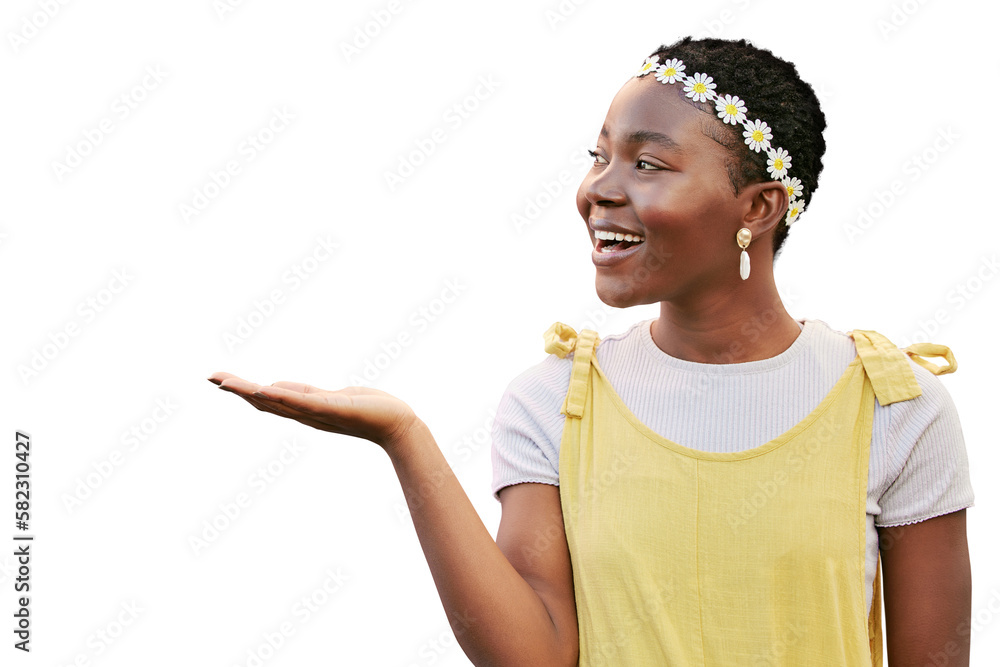 Mockup, black woman and hand for skincare, marketing and wellness isolated on a transparent png back