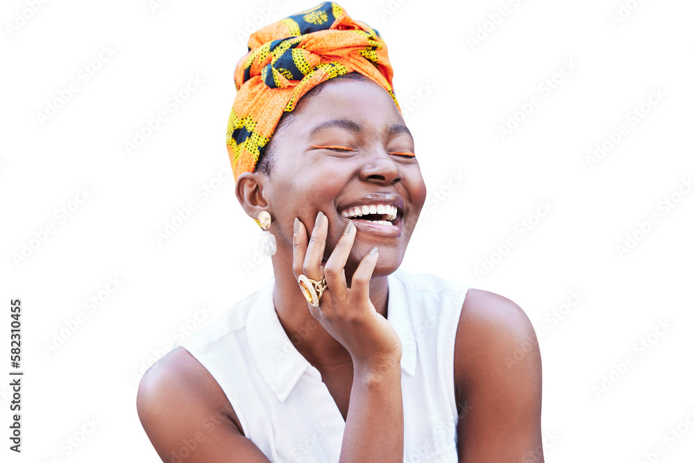 Happy black woman, african fashion and culture with turban isolated on transparent png background in