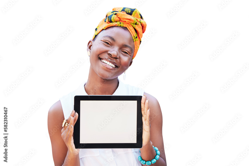 Portrait of black woman, tablet and screen, mockup or web space for digital marketing, advertising o