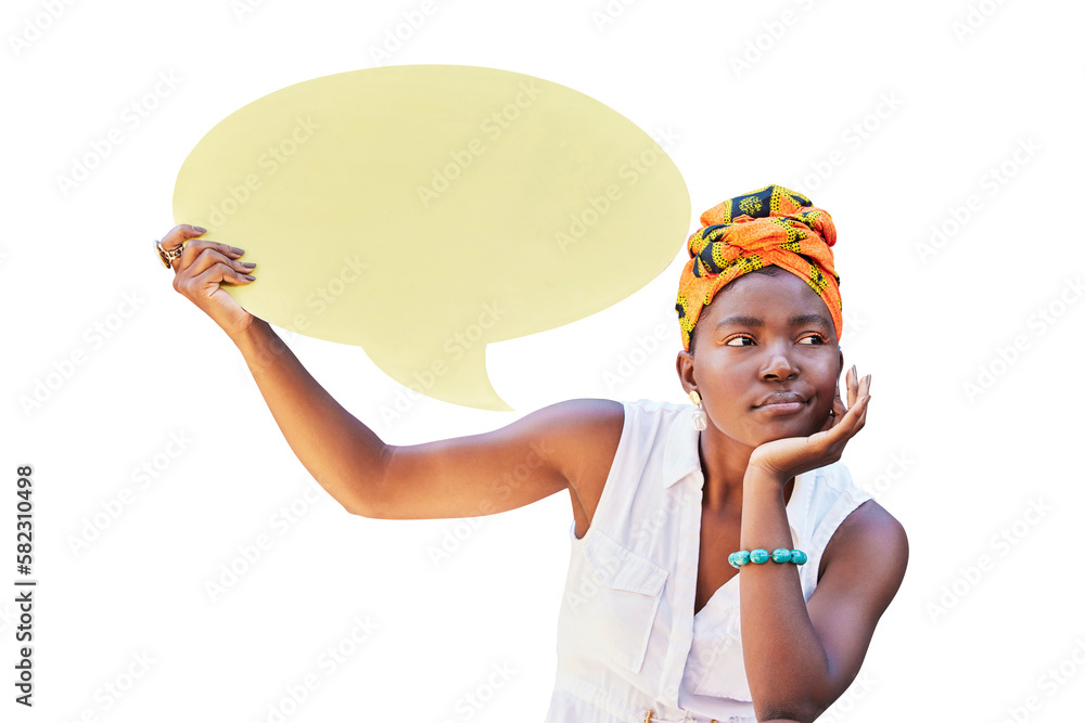 Speech bubble, communication and social media with black woman on mockup for news, vote or review is