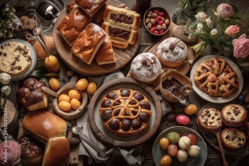 Hot cross buns, cakes, waffles, and pancakes are on the dessert buffet for Easter. view from above. 