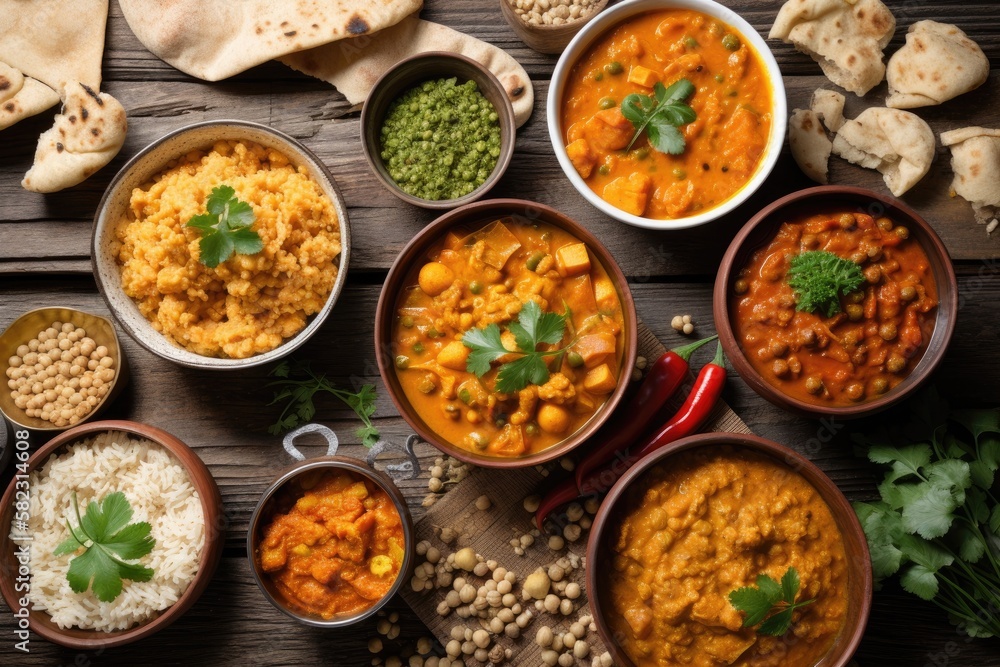 Indian food in several bowls on a background of white wood, top view. Indian food dishes and appetiz