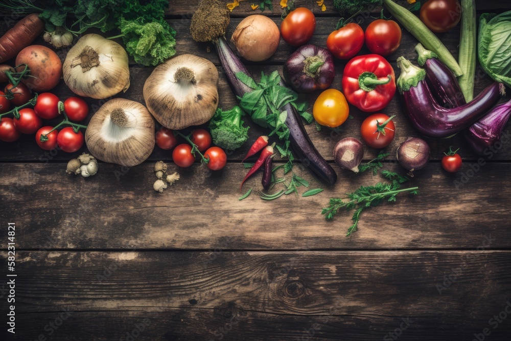 Vegetables overhead close up shot on an aged wooden background. Generative AI