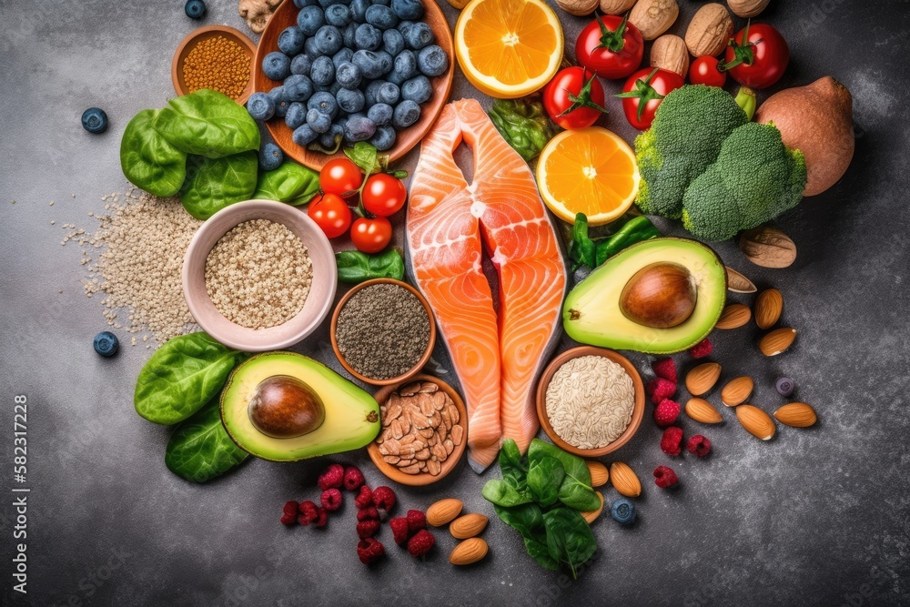 Healthy food clean eating selection fish, fruit, vegetable, cereal, leaf vegetable on background. Ge