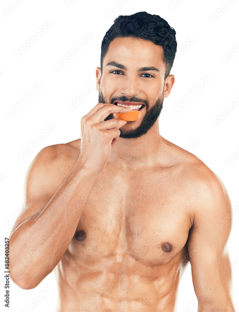 Portrait, fitness and man eating orange for vitamin c and health after training. Nutrition, wellness