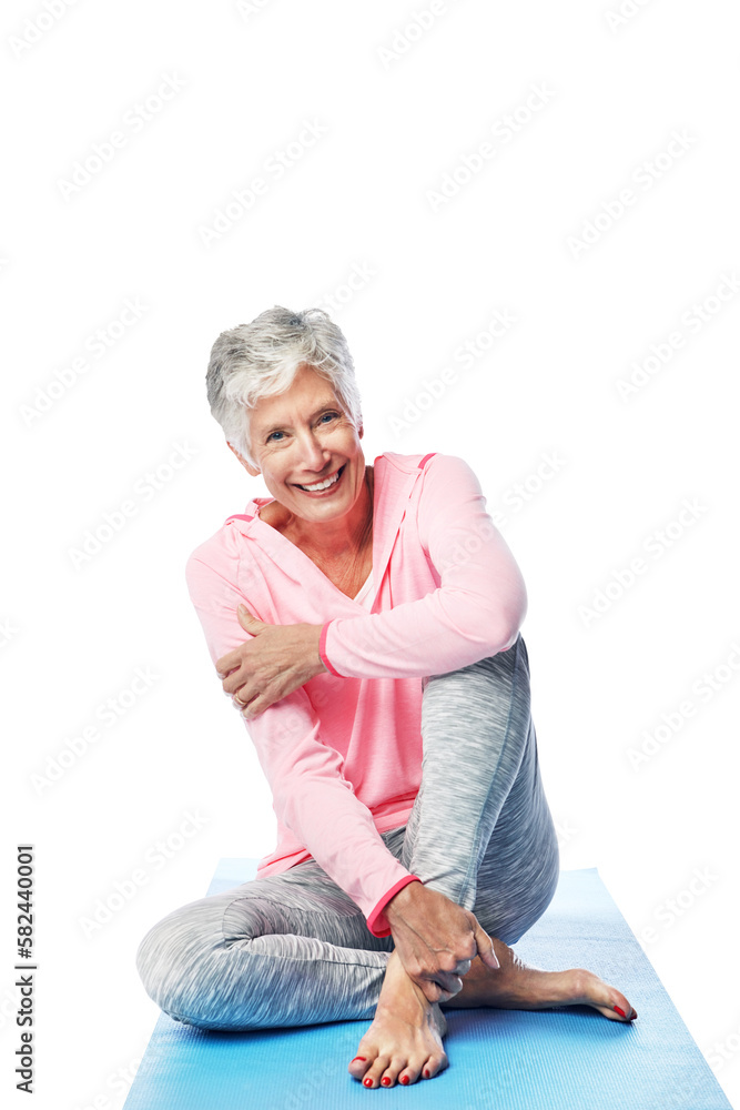 Front, face and smile of female yogi for senior health and physical wellness break while isolated on