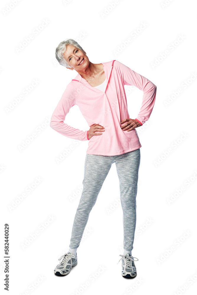 Stretch, prepare and portrait of an active woman ready for a fitness workout while isolated on a png