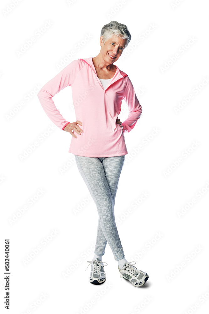 Portrait, smile and fitness for senior woman in retirement with health and wellness isolated on a pn