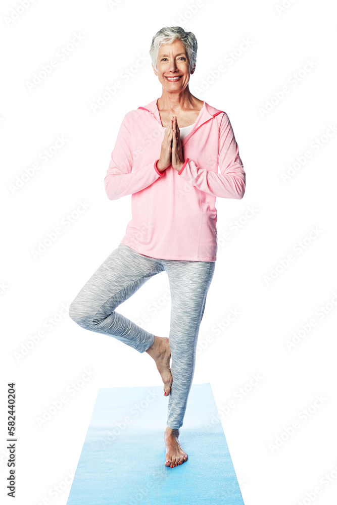 Namaste, zen and yoga portrait with a woman workout for flexible health and wellness while isolated 