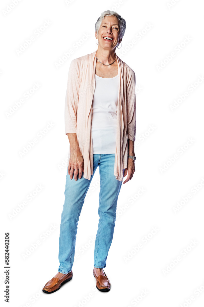 Portrait, relax and style with senior woman confident in her retirement fashion isolated on a png ba