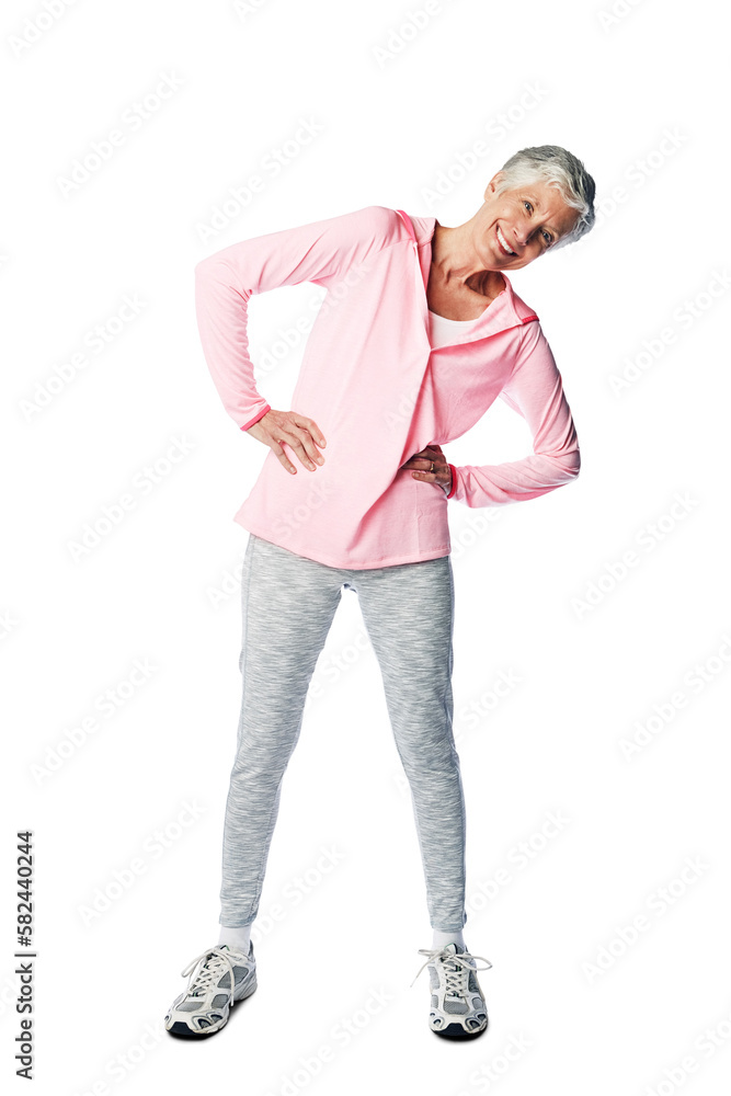 Exercise, fitness and senior woman portrait while stretching for health and wellness in studio. Body