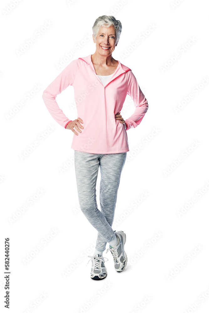 Portrait, retirement and female athlete ready for sport workout while isolated on a png, transparent