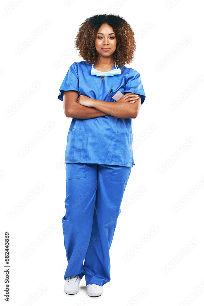 Nurse, portrait and black woman with arms crossed standing with pride. Healthcare, wellness and conf