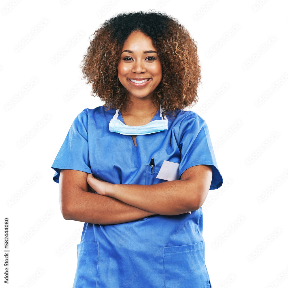 Portrait, black woman and nurse with arms crossed for confidence. Face, healthcare or proud and happ