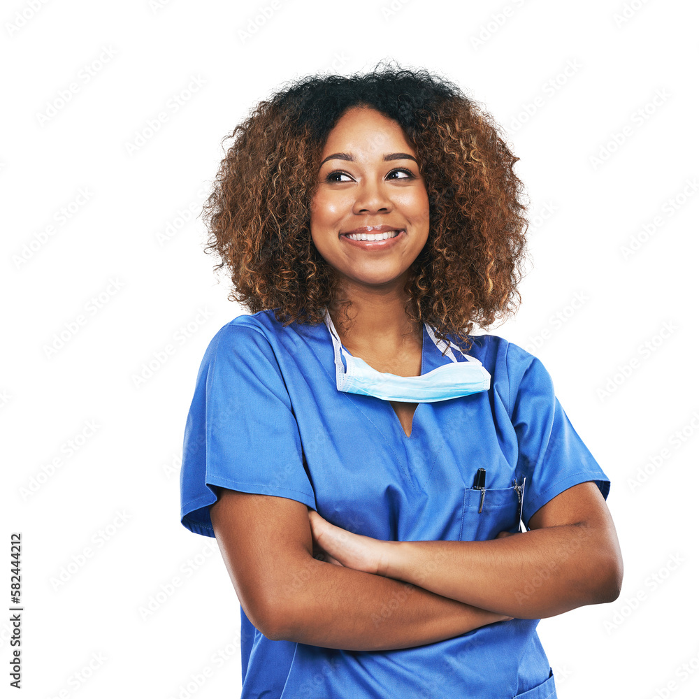 Nurse, healthcare and black woman with arms crossed. Medical, thinking and confident, proud and happ