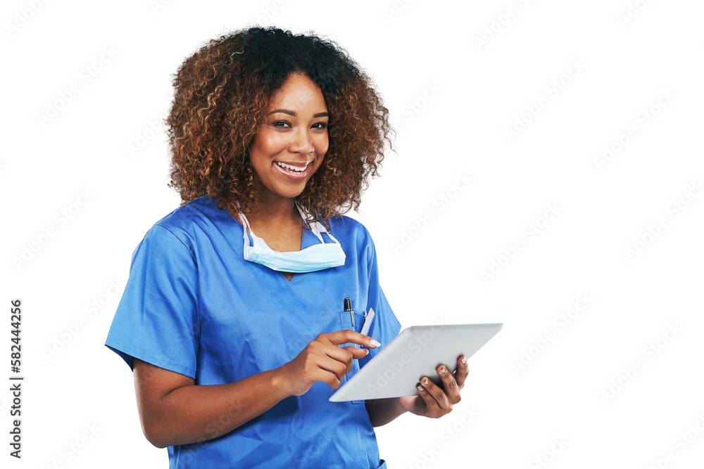 Healthcare, nurse and black woman with tablet search. Technology, wellness and portrait of female me