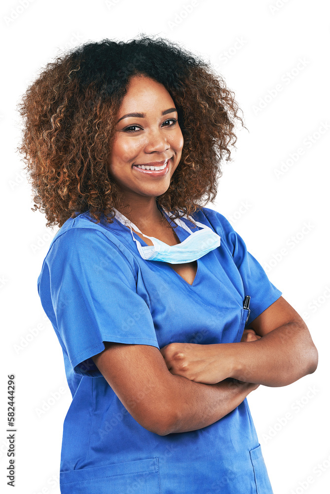 Arms crossed, black woman and portrait of nurse with pride. Medic, healthcare and confident and happ