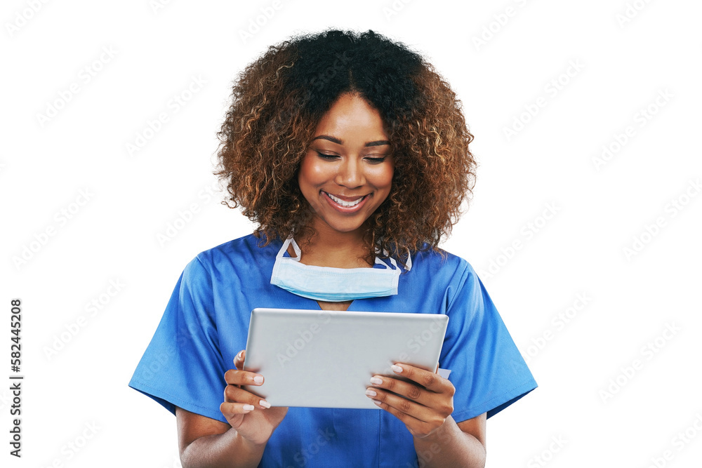 Healthcare tablet, nurse and black woman smiling. Technology, wellness app and happy young female me