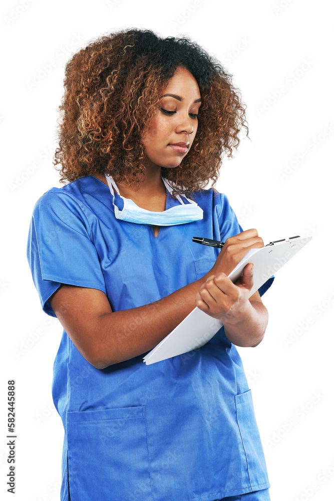 Healthcare, nurse and black woman writing on checklist. Wellness, documents and female medical physi