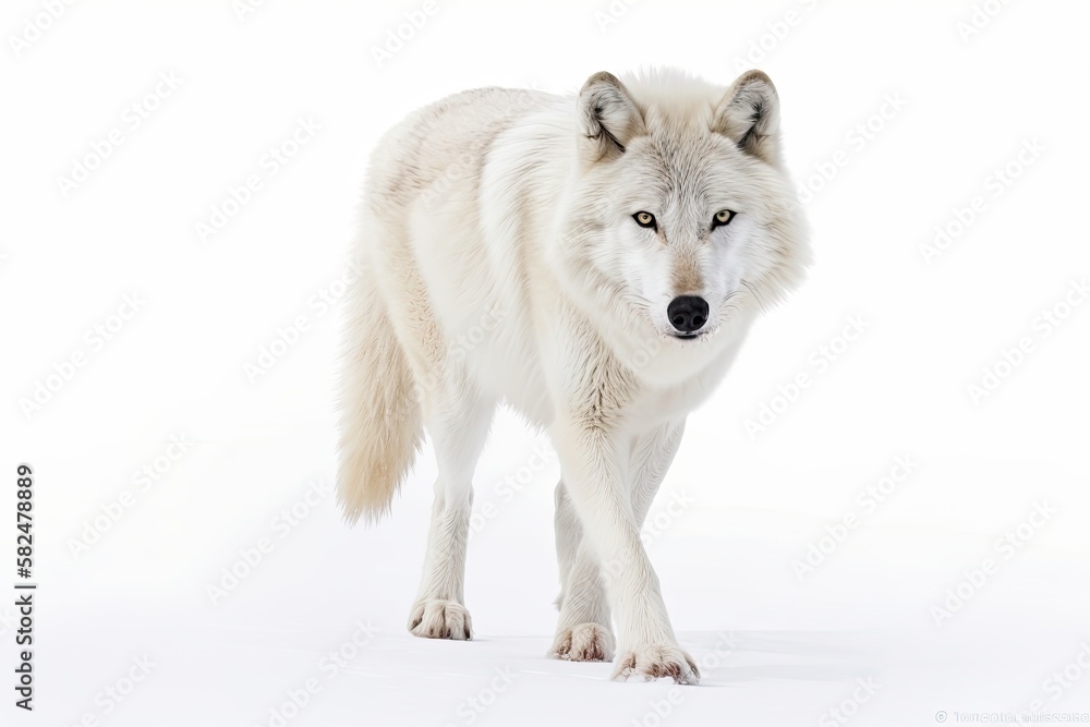 Arctic wolf image isolated on white background strolling in winter snow in Canada, gazing directly a