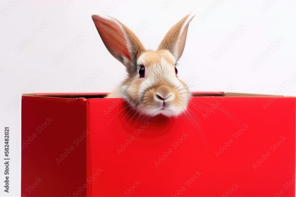 close up picture Red box with a bunny rabbit inside and a white background in a studio. Generative A