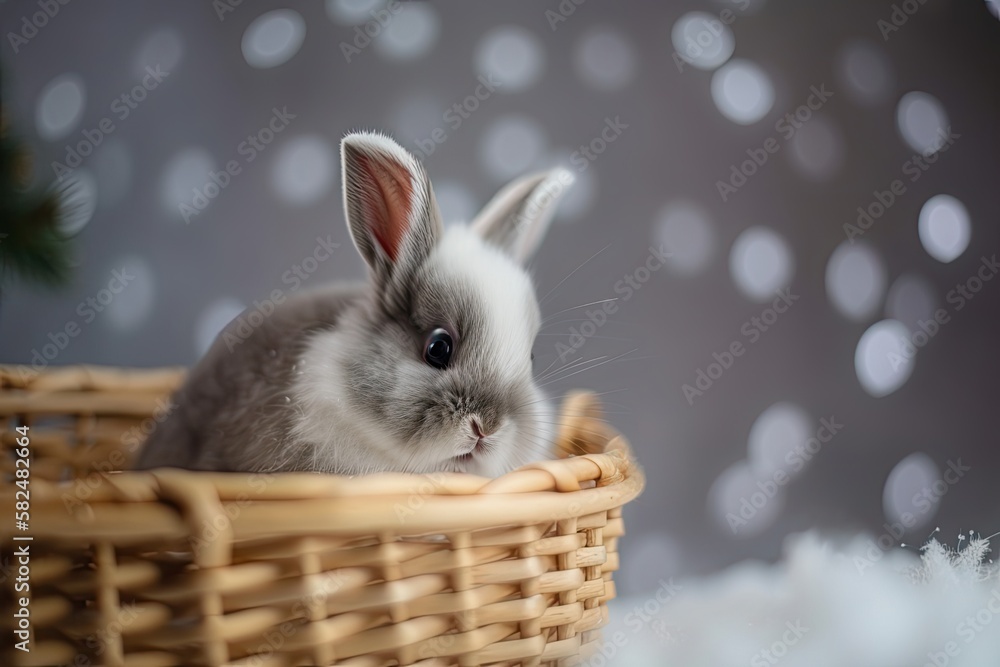 Candy Cane Basket Baby Bunny. Generative AI