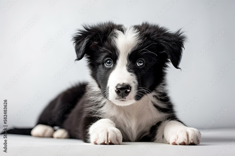 border collie puppy photo with a ball on a white background. Generative AI