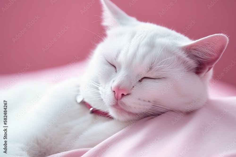 White Cat Dozing in a Pink Shirt. Generative AI