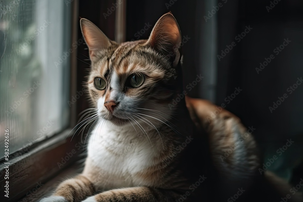 Lovely cat rests on the window sill. Generative AI