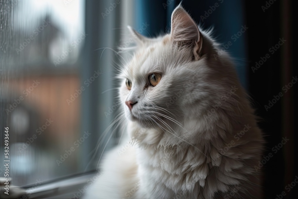 White cat at home perched next to a window. Generative AI