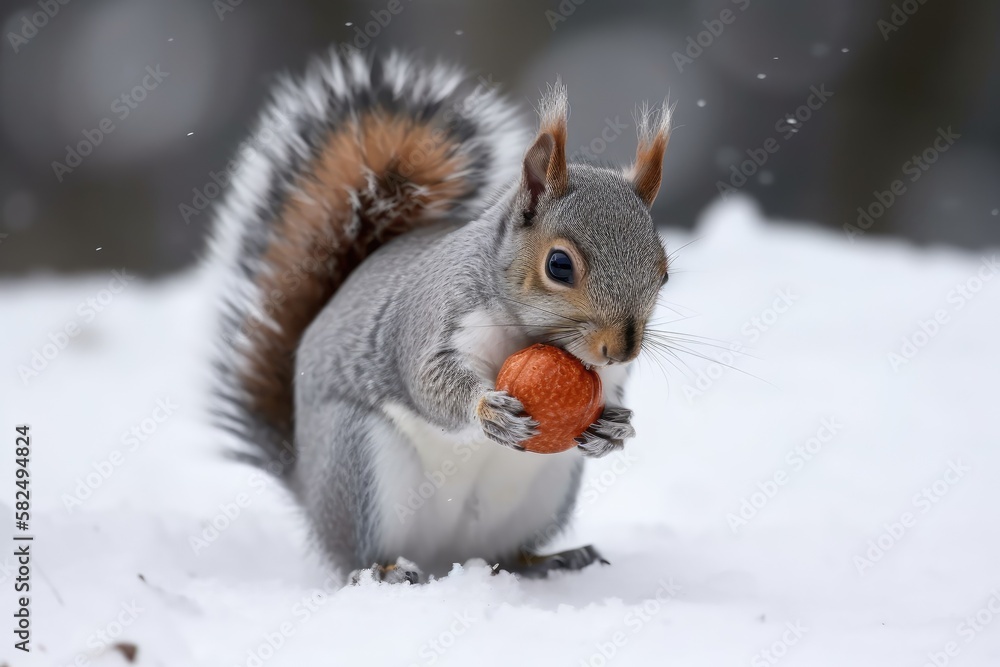 tiny gray squirrel carrying a nut. In the snow, a squirrel conceals a nut. Eating a nut is a squirre