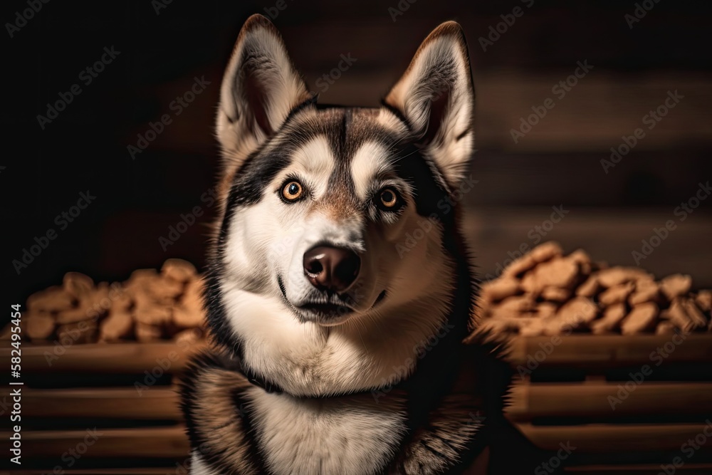 A husky dog requests and consumes dog treats. Generative AI