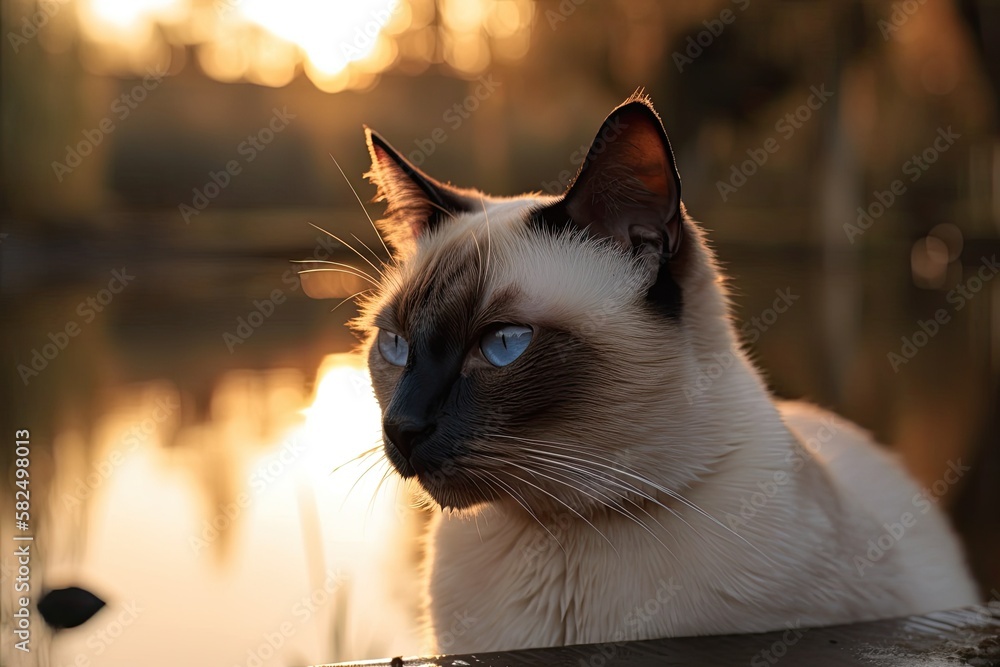 Gorgeous Siamese cat in a sunset reflection. Generative AI